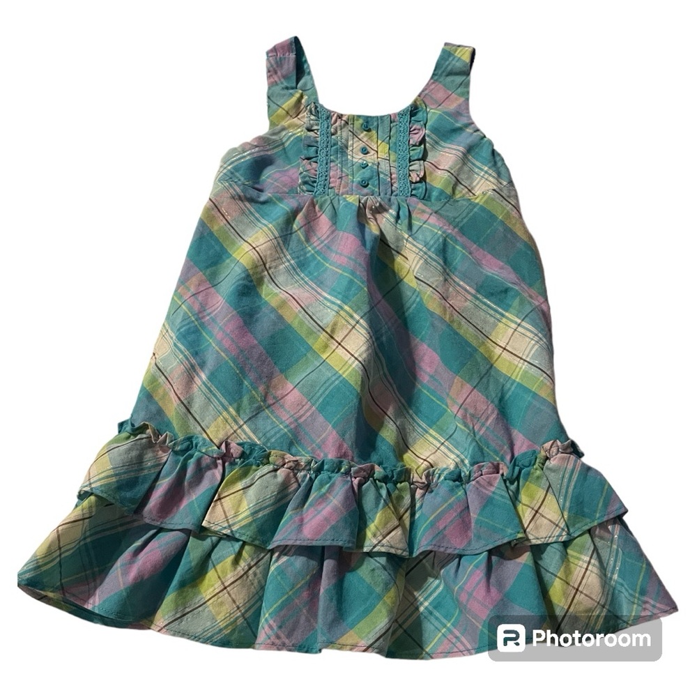 3/$9 3T Dress Turquoise Plaid Dress Straps Buttons Ruffles Girls Toddler